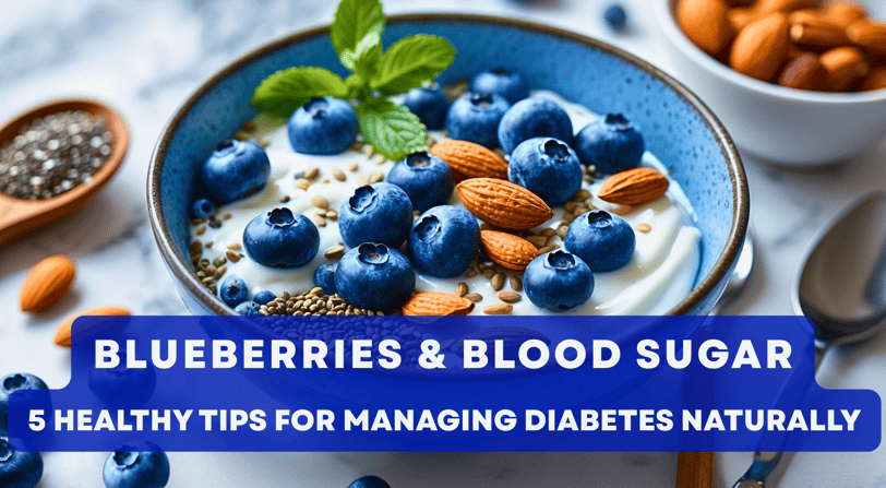 A bowl of blueberries with yogurt, almonds, and chia seeds on a white countertop.