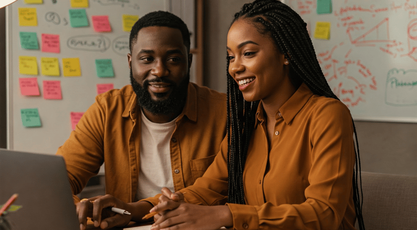 a man and woman sitting at a table with a laptop