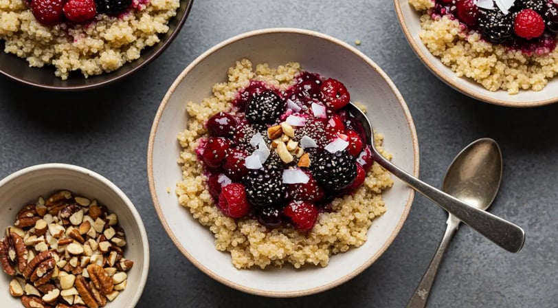 The image shows bowls of quinoa topped with fresh berries, nuts, and coconut flakes.