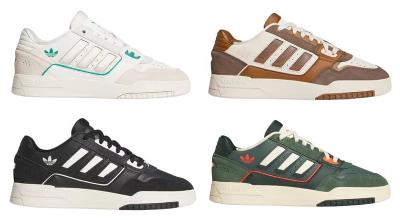a group of four different colorways of adidas sneakers Drop Step Low 2.0