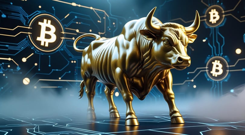 Touro dourado em ambiente tecnológico futurista, cercado por gráficos de Bitcoin, luzes em tons azul