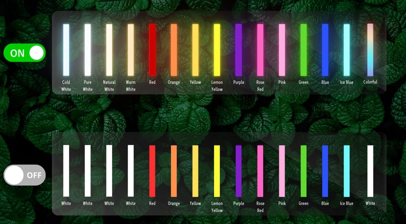 Neon lights with colored LEDs and colored casing, showing on/off states.