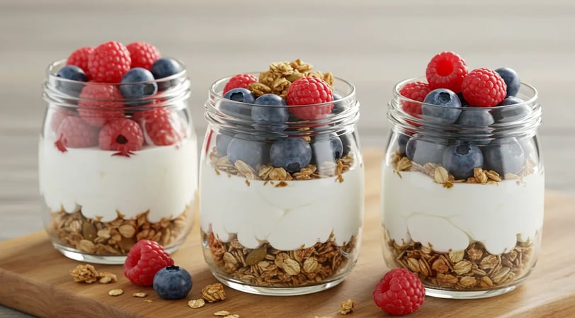 Three glass jars with layered yogurt parfaits, featuring granola, creamy yogurt, and fresh blueberries and raspberries on top