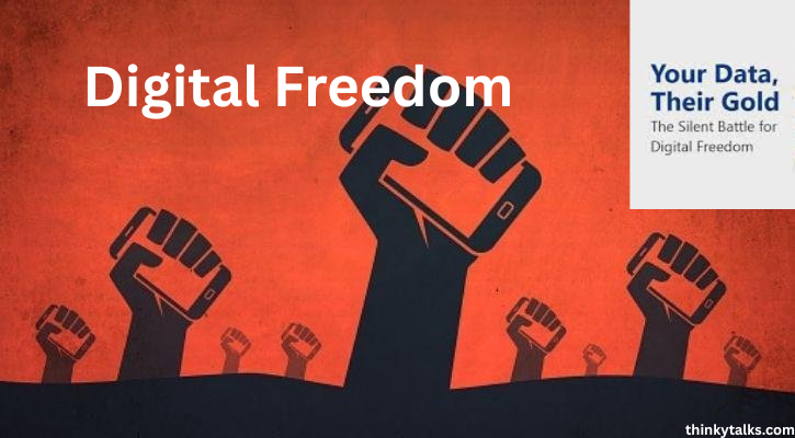 A hand holding a smartphone displaying a graphic design poster titled "Digital Freedom" with the subtitle "Your Data, Their G