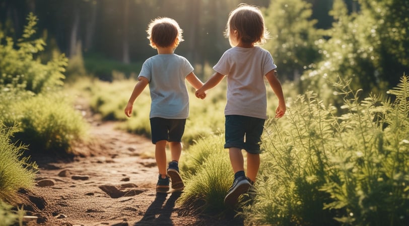 two young students holding hands and walking down a path outside