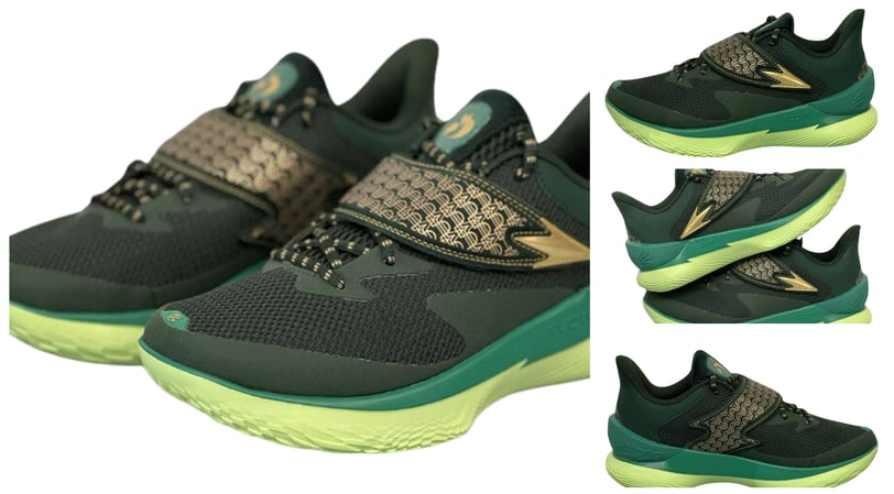 a pair of shoes with a green and yellow, Curry Fox 