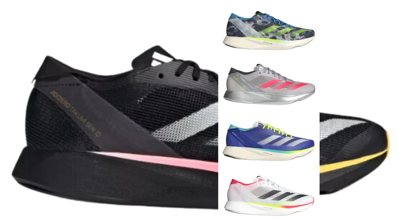 a pair of shoes with different colors of the same color adidas Adizero Takumi Sen 10
