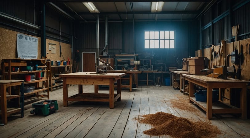 a workshop with lots of sawdust on the floor