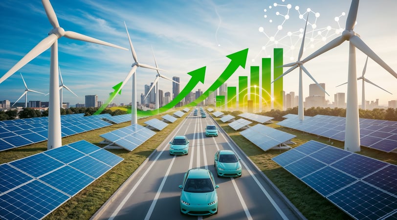 Futuristic city powered by renewable energy with wind turbines, solar panels, and electric vehicles,