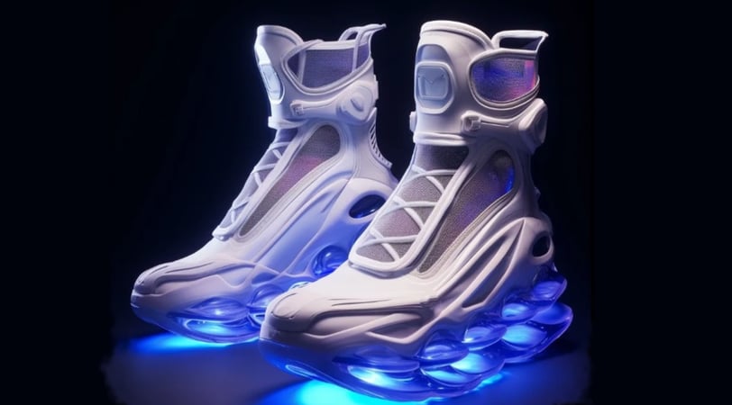a pair of white sneakers with blue lights on them design create by AI