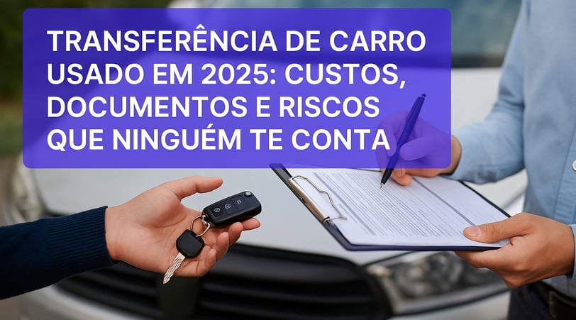 Pessoa entregando chave de carro e assinando documento de transferência, com destaque para o título