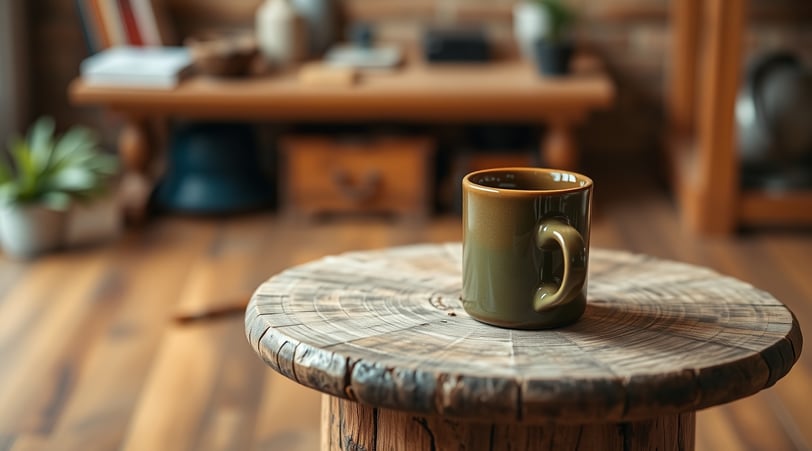 a cup of coffee on a wooden stool table