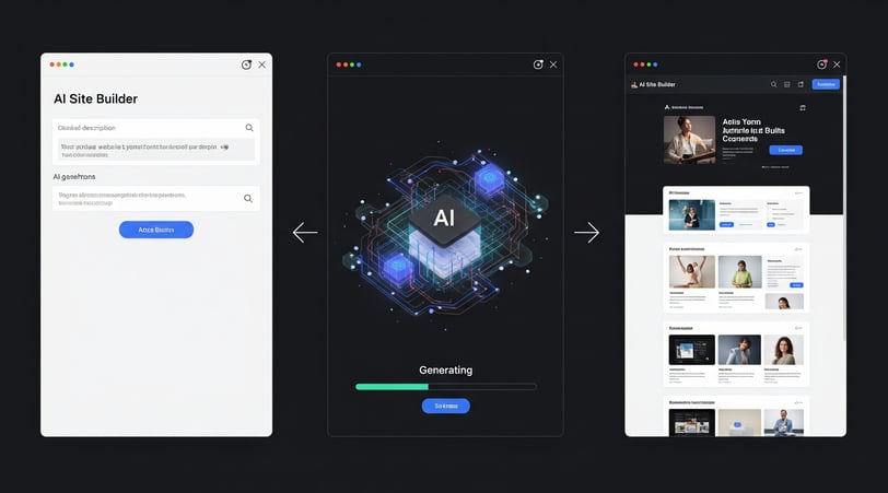 Screenshots showing Hostinger's AI Site Builder: description input, AI generation, and final website