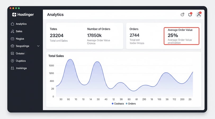 Clean screenshot of Hostinger's analytics dashboard, highlighting sales, orders, and average order v