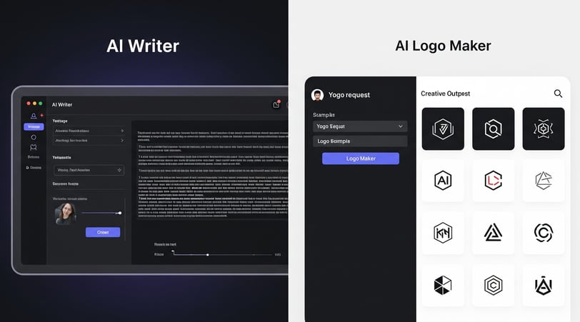 Split image: Hostinger's AI Writer interface with generated text and AI Logo Maker showing input and