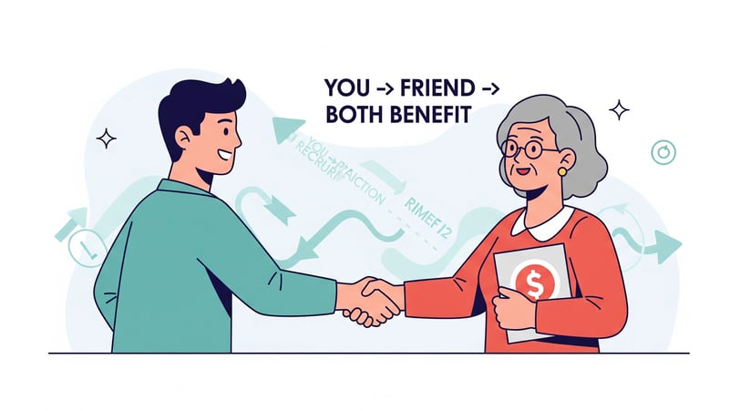 Graphic illustrating a referral program: two people shaking hands and a 'You -> Friend -> Both Benef