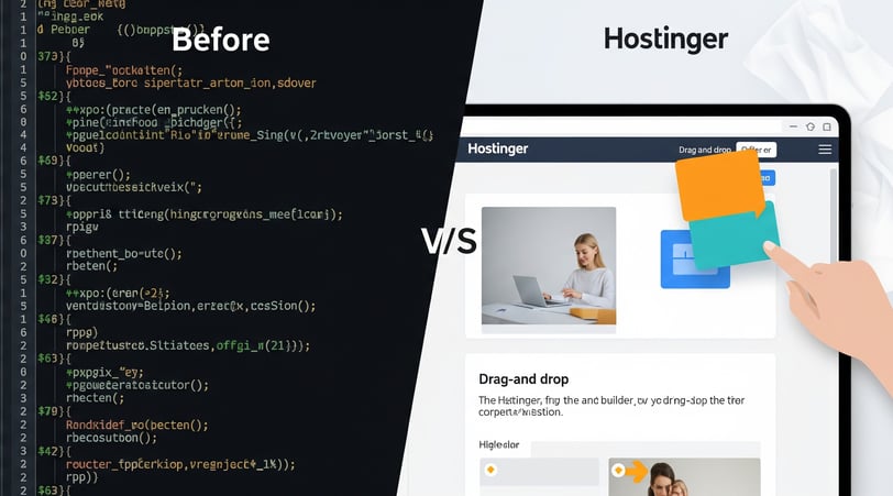 complex code vs. Hostinger's drag-and-drop website builder with an element being moved.