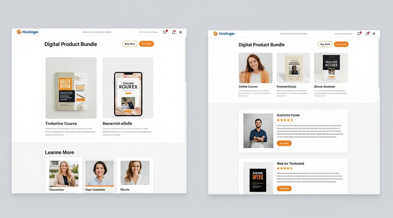 Mock-up of an e-commerce store page on Hostinger, featuring a digital course and ebook bundle.