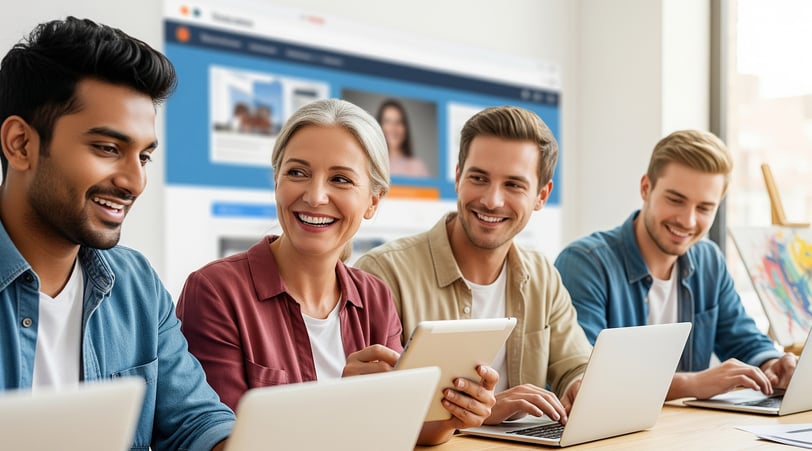 People using laptops with Hostinger builder.