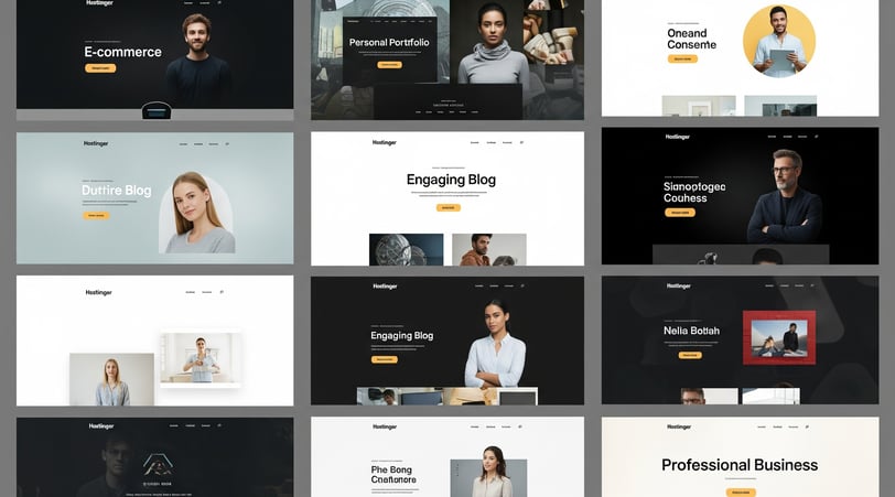 Collage of diverse, modern Hostinger website templates for e-commerce, portfolios, blogs, and busine
