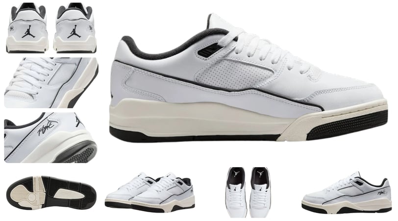 a collage of different  of sneakers, Nike Jordan Flight Court White and Black