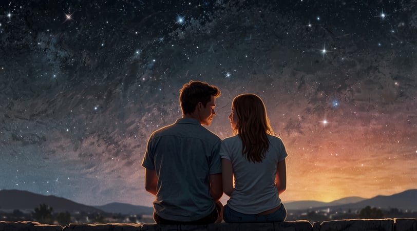 a couple sitting on a bench looking at the stars