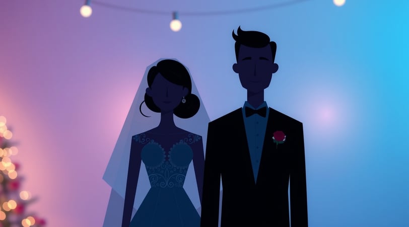 a bride and groom standing in front of a christmas tree