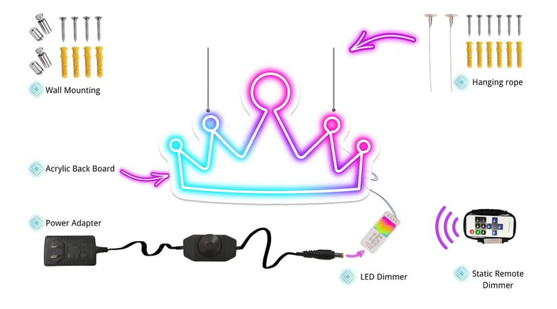 This is an assembly diagram of a neon light, including accessory details.