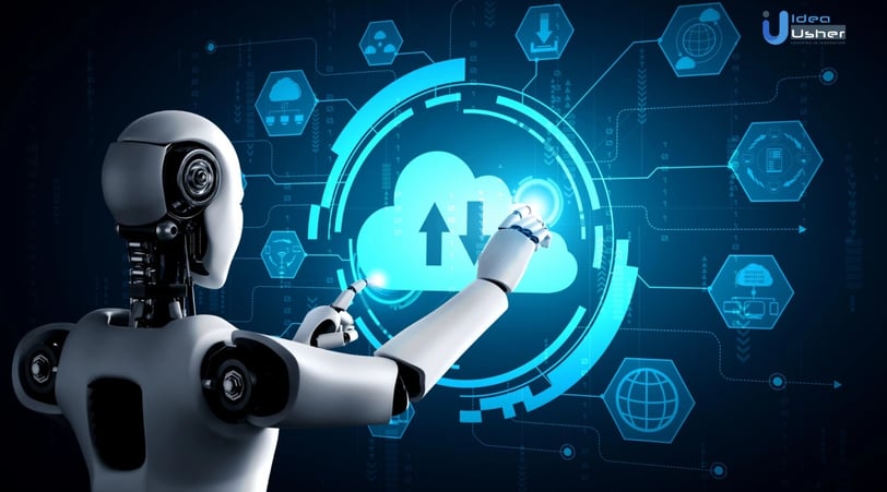 AI robot touching a digital cloud computing icon with upload and download arrows, surrounded by futuristic data and network g