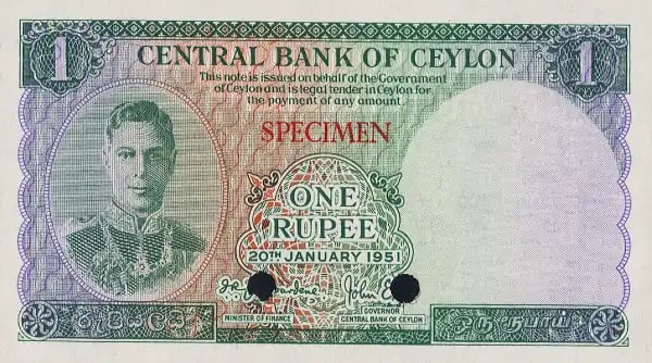 Ceylon King George VI 1 Rupee ceylon banknote color trial