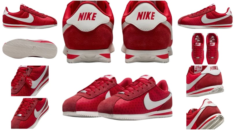 a collection of red sneakers, Nike Cortez GS Valentin's Day