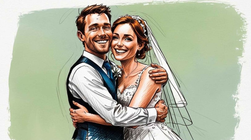 A bride and groom pose together in a wedding portrait, radiating happiness in their formal wedding attire.