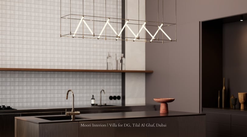 Minimalist kitchen with sculptural pendant light, matte fixtures, and grid-tiled backsplash