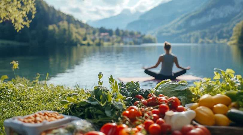 A guided mindful walking session in a tranquil forest setting, part of a holistic burnout recovery retreat.