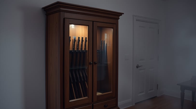 a wooden gun cabinet with glass