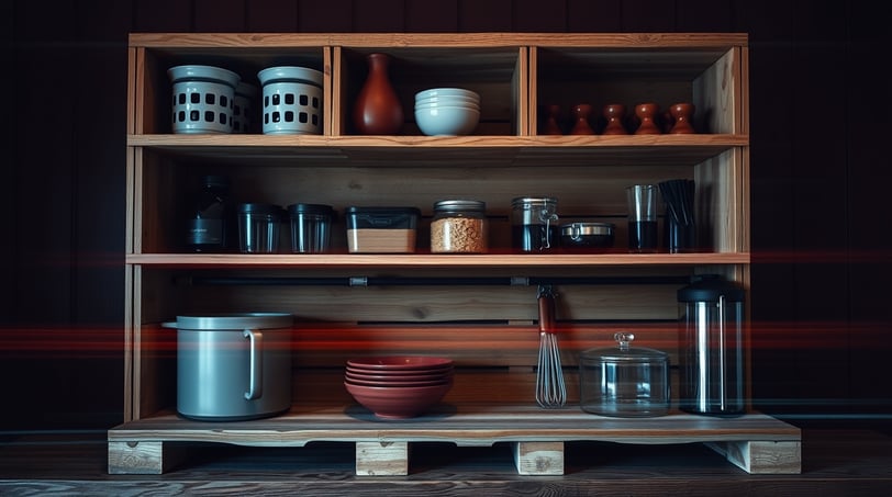 a shelf with wooden shelf with dishes and bowls a