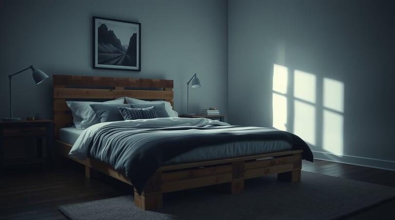 a bed frame made of pallets and a lamp
