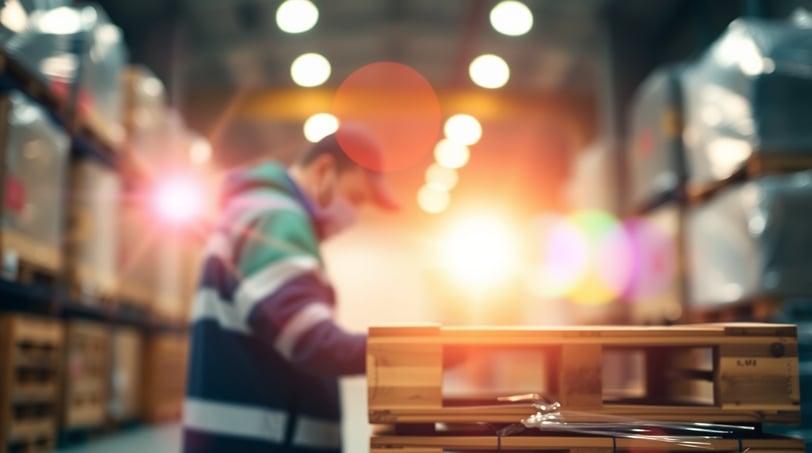 a man in a warehouse checking out pallets