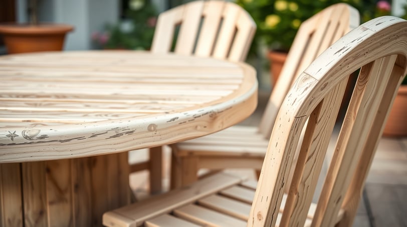 a wooden spool table with chairs and a table