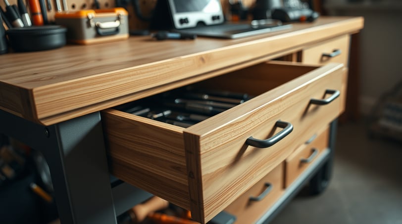 a wooden desk with an open drawer