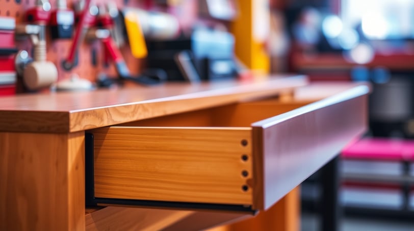 a wooden desk with an open drawer