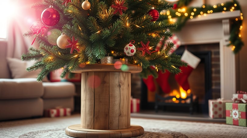 a christmas tree with a wooden spool