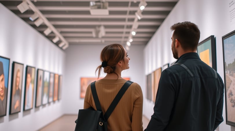 a man and woman looking at paintings