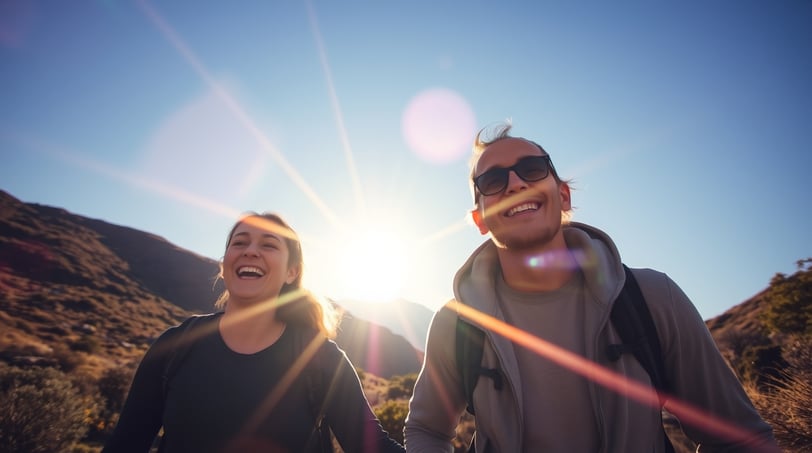 a man and woman walking down a mountain