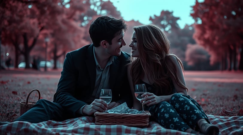 a man and woman sitting on a blanket in a park