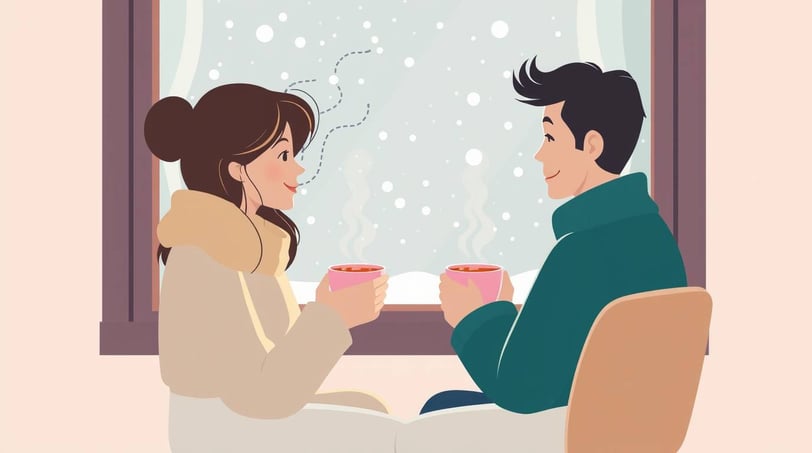 a man and woman sitting at a table with hot cocoa