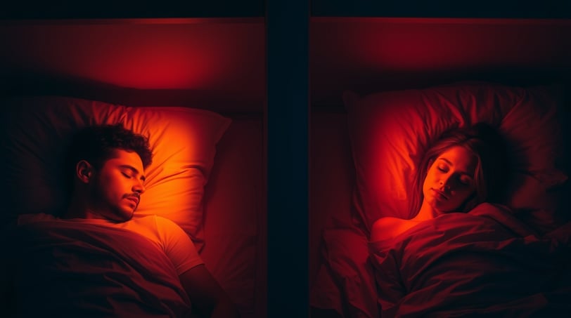 a man and a woman sleeping in a bed with a red light