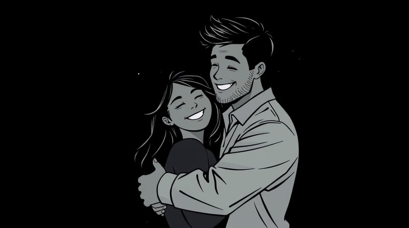 a man and woman hugging and smiling