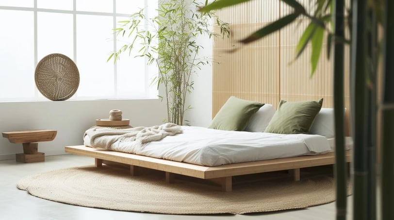 Minimalist bedroom with natural textures and plants, by Regal Touch Home.