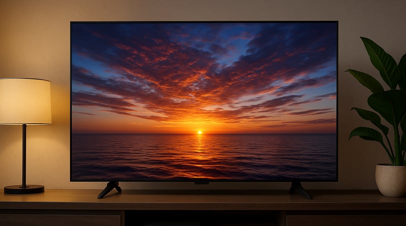 Televisão moderna em uma sala minimalista exibindo um pôr do sol vibrante sobre o mar, com iluminaçã